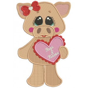 Hogs And Kisses Cute Piggy Holding a Big Heart Filled Machine Embroidery Design Digitized Pattern