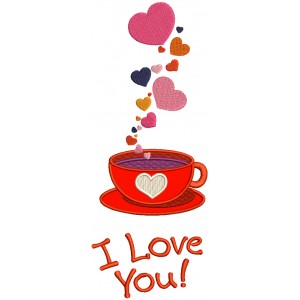 I love You Tea Cup Wih Hearts Applique Machine Embroidery Design Digitized Pattern