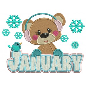 January Cute Bear And Snow Filled Machine Embroidery Design Digitized Pattern