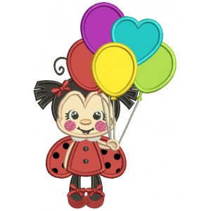 Ladybug Holding Balloons Applique Machine Embroidery Design Digitized Pattern
