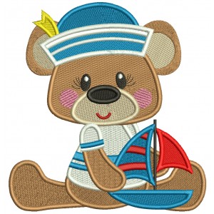 Little Bear Playing With Sailboat Marine Filled Machine Embroidery Design Digitized Pattern