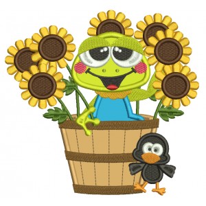 Little Frog Inside Of Basket With Sunflower Fall Applique Machine Embroidery Design Digitized Pattern