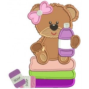 Little Girl Bear Holding Shampoo Bottle Applique Machine Embroidery Design Digitized Pattern