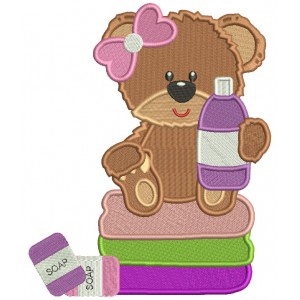 Little Girl Bear Holding Shampoo Bottle Filled Machine Embroidery Design Digitized Pattern
