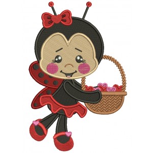 Little Ladybug Holding a Basket Full Of Hearts Filled Machine Embroidery Design Digitized Pattern 