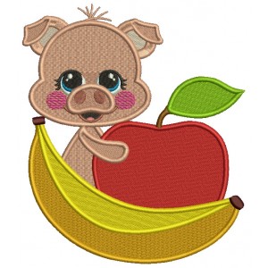Little Pig With Apple And Banana Filled Machine Embroidery Design Digitized Pattern