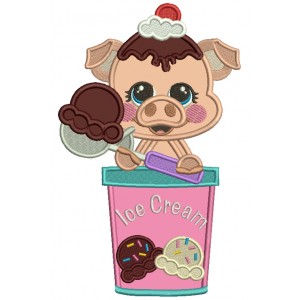 Little Piggy With Ice Cream Applique Machine Embroidery Design Digitized Pattern