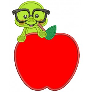 Little School Worm Sitting Inside An Apple Applique Machine Embroidery Design Digitized Pattern