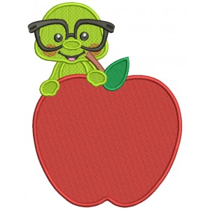 Little School Worm Sitting Inside An Apple Filled Machine Embroidery Design Digitized Pattern