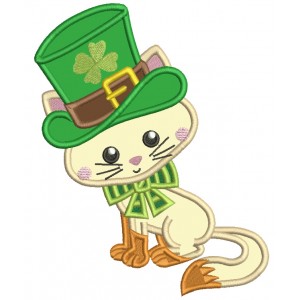 Lucky Cat Wearing Big Hat St. Patricks Day Applique Machine Embroidery Design Digitized Pattern