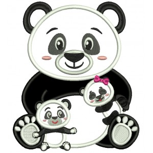 Mama Panda Holding Two Babie Pandas Applique Machine Embroidery Design Digitized Pattern