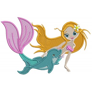 Mermaid And a Dolphin Filled Machine Embroidery Design Digitized Pattern