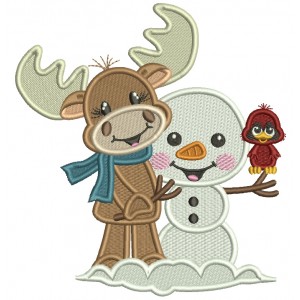 Moose With a Snowman Christmas Filled Machine Embroidery Design Digitized Pattern