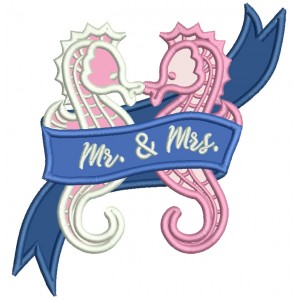 Mr. And Mrs. Two Seahorses Wedding Applique Machine Embroidery Design Digitized Pattern