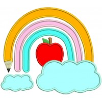 Pencil Rainbow Apple And Clouds School Applique Machine Embroidery Design Digitized Pattern