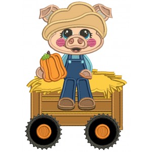 Piggy Farmer Sitting On a Wagon Fall Applique Machine Embroidery Design Digitized Pattern