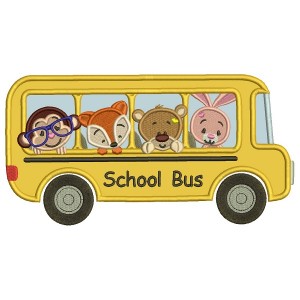 School Buss With Cute Animals Applique Machine Embroidery Design Digitized Pattern