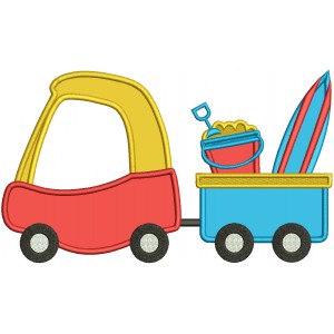 Toy Truck Pulling Wagon With Sand Bucket And Surfboard Summer Applique Machine Embroidery Design Digitized Pattern