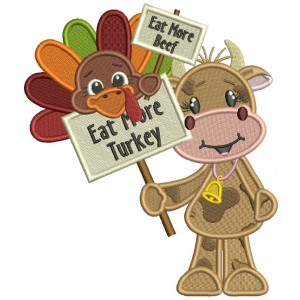 Turkey Holding Signs Eat More Beef While Cow Is Holding Sign Eat More Turkey Thanksgiving Filled Machine Embroidery Design Digitized Pattern