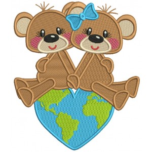 Two Cute Bears Sitting On Top Of The World Filled Machine Embroidery Design Digitized Pattern