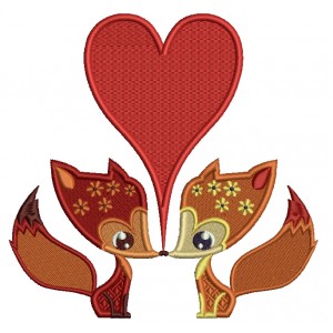 Two Foxes In Love With a Big Heart Filled Machine Embroidery Design Digitized Pattern
