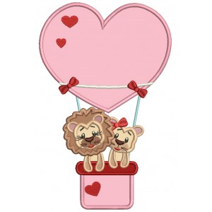 Two Lions In Love Flying a Heart Shaped Air Balloon Applique Machine Embroidery Design Digitized Pattern