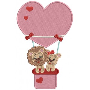 Two Lions In Love Flying a Heart Shaped Air Balloon Filled Machine Embroidery Design Digitized Pattern