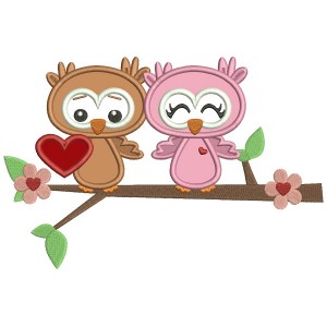 Two Owls In Love Sitting On The Branch Applique Machine Embroidery Design Digitized Pattern