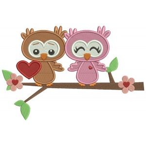 Two Owls In Love Sitting On The Branch Filled Machine Embroidery Design Digitized Pattern