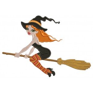 Witch Flying a Broom Halloween Filled Machine Embroidery Design Digitized Pattern