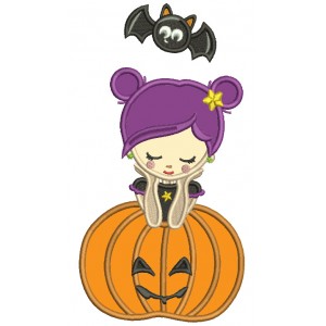 Witch Sitting With a Pumpkin And Cute Little Bat Halloween Applique Machine Embroidery Design Digitized Pattern