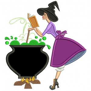 Witch Stirring The Pot and Reading a Book Halloween Applique Machine Embroidery Design Digitized Pattern