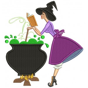 Witch Stirring The Pot and Reading a Book Halloween Filled Machine Embroidery Design Digitized Pattern