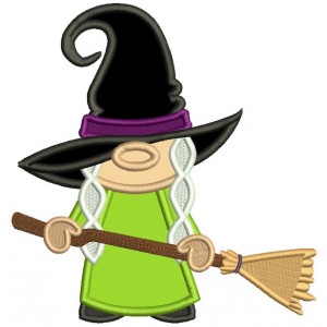 Witch Wearing Huge Hat Holding a Broom Halloween Applique Machine Embroidery Design Digitized Pattern 