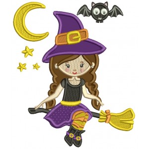 With Sitting On The Broom With a Moon And Stars And a Bat Halloween Applique Machine Embroidery Design Digitized Pattern