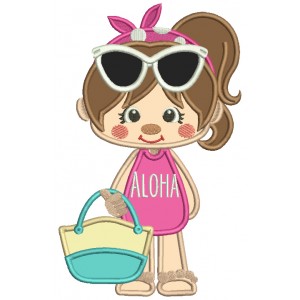 Aloha Little Girl Wearing Sunglasses Applique Machine Embroidery Design Digitized Pattern