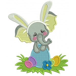 Baby Elephant Wearing Bunny Ears Sitting On the Easter Egg Filled Machine Embroidery Design Digitized Pattern