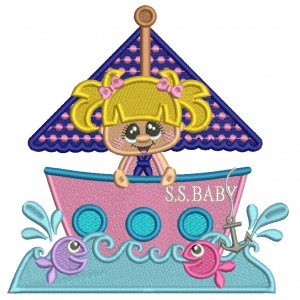 Baby Girl Pig Sailor On a Big Ship Filled Machine Embroidery Design Digitized Pattern