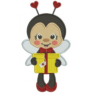 Bee Holding Gift Box With Heart And Bow Valentine's Day Filled Machine Embroidery Design Digitized Pattern