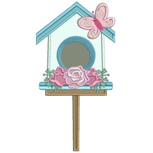Bird House With Butterfly Applique Machine Embroidery Design Digitized Pattern