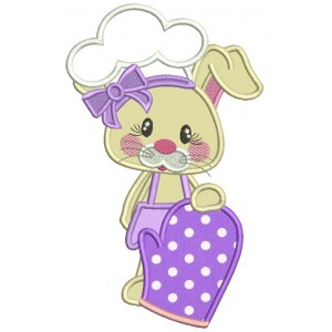 Cute Bunny Cook Holding a Cooking Mitt Applique Machine Embroidery Design Digitized Pattern