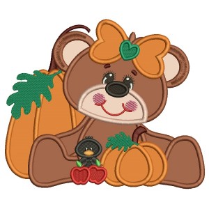 Cute Girl Bear WIth Pumpkin And a Little Crow Applique Machine Embroidery Design Digitized Pattern