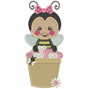 Cute Girl Bee Sitting Inside The Bucket Full Of Hearts Valentine's Day Filled Machine Embroidery Design Digitized Pattern