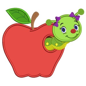 Cute Girl Little Caterpillar Inside Apple School Applique Machine Embroidery Design Digitized Pattern