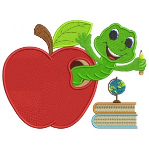 Cute Smiling Worm Inside With Books Inside Apple School Filled Machine Embroidery Design Digitized Pattern