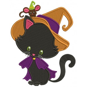Cute Halloween Black Cat Wizard With a Big Hat and a Mouse Filled Machine Embroidery Design Digitized Pattern