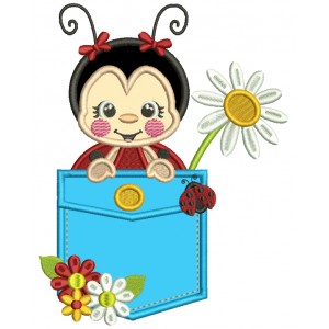 Cute Ladybug Inside The Pocket With a Daisy Flower Applique Machine Embroidery Design Digitized Pattern
