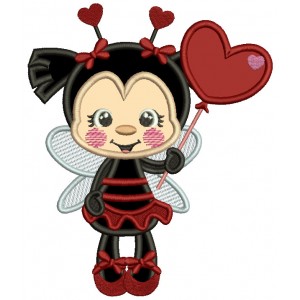 Cute Ladybug With Heart Shaped Balloon Applique Valentine's Day Machine Embroidery Design Digitized Pattern