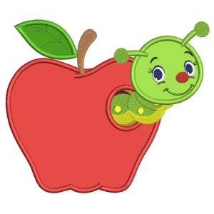 Cute Little Caterpillar Inside Apple School Applique Machine Embroidery Design Digitized Pattern