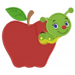 Cute Little Caterpillar Inside Apple School Filled Machine Embroidery Design Digitized Pattern